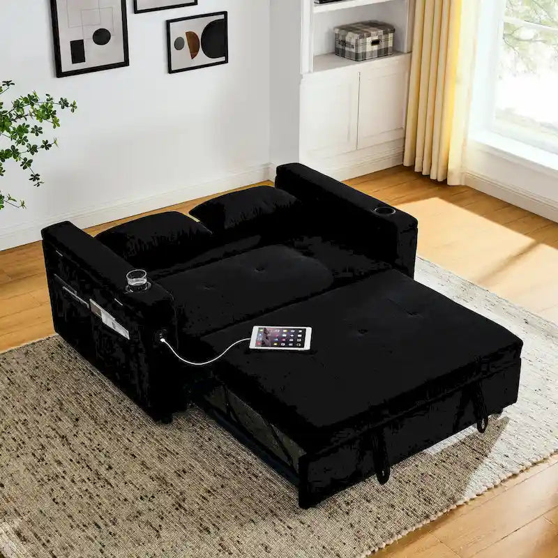 Divano letto a 2 posti con presa USB, tasche laterali e cuscino lombare