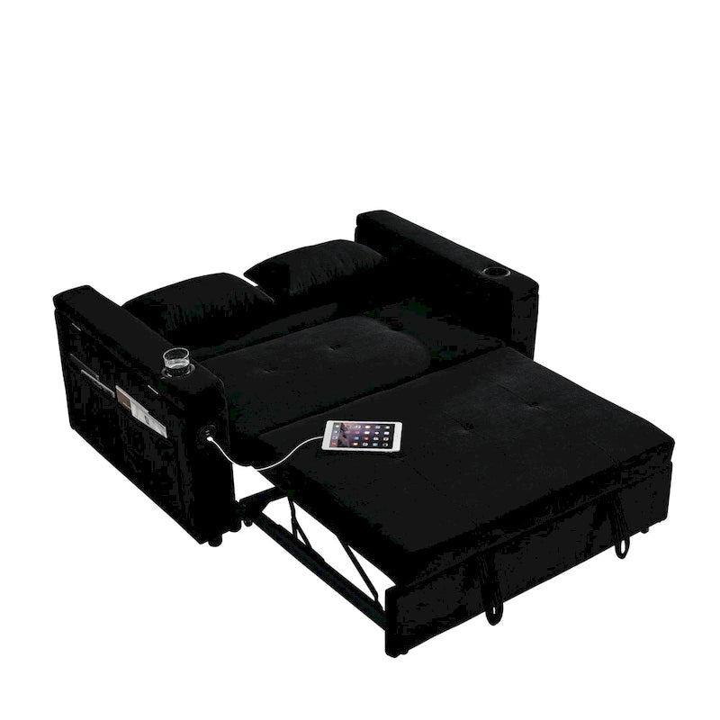 Divano letto a 2 posti con presa USB, tasche laterali e cuscino lombare