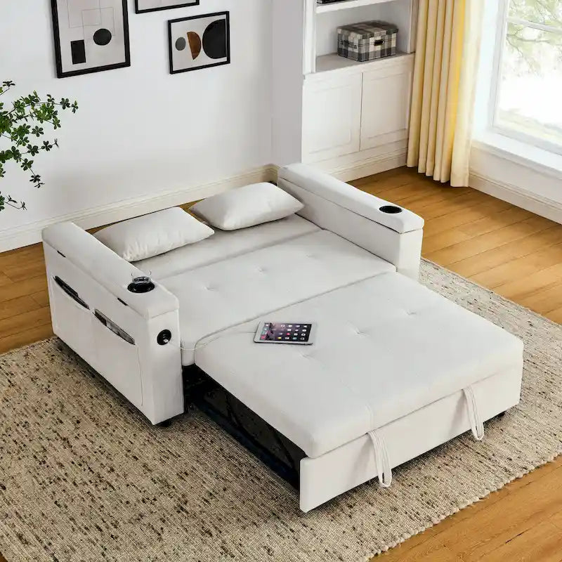 Divano letto a 2 posti con presa USB, tasche laterali e cuscino lombare