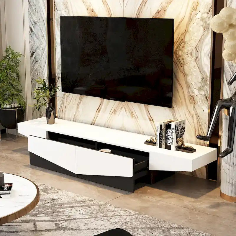 Mobile TV, mobile multimediale con cassetti, colore Bianco&Nero - 200cm L
