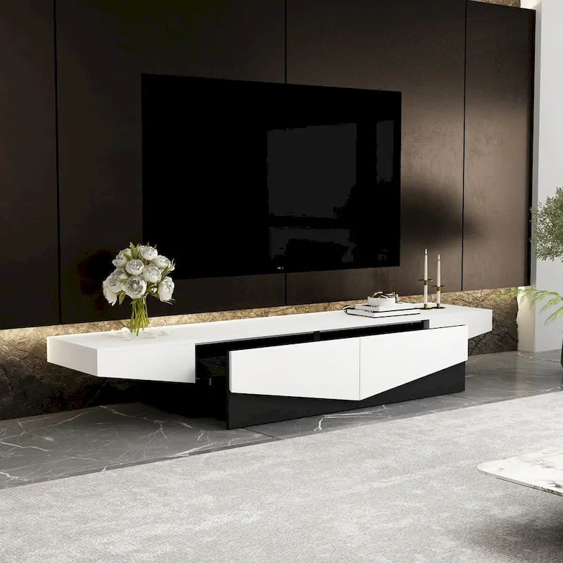 Mobile TV, mobile multimediale con cassetti, colore Bianco&Nero - 200cm L