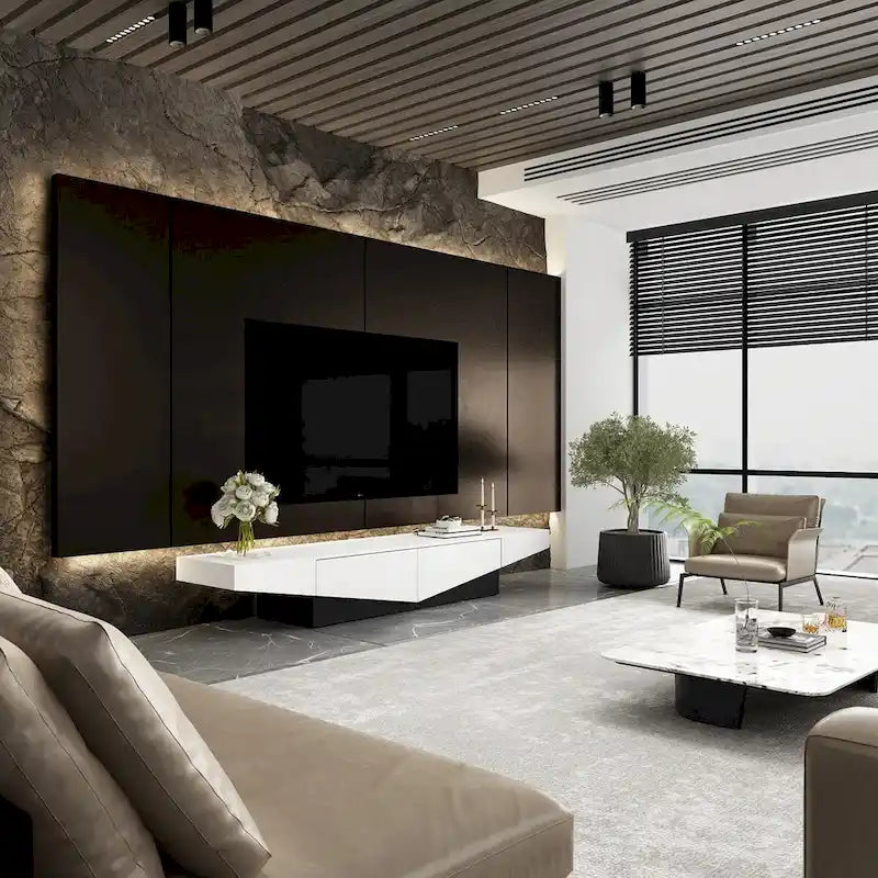 Mobile TV, mobile multimediale con cassetti, colore Bianco&Nero - 200cm L
