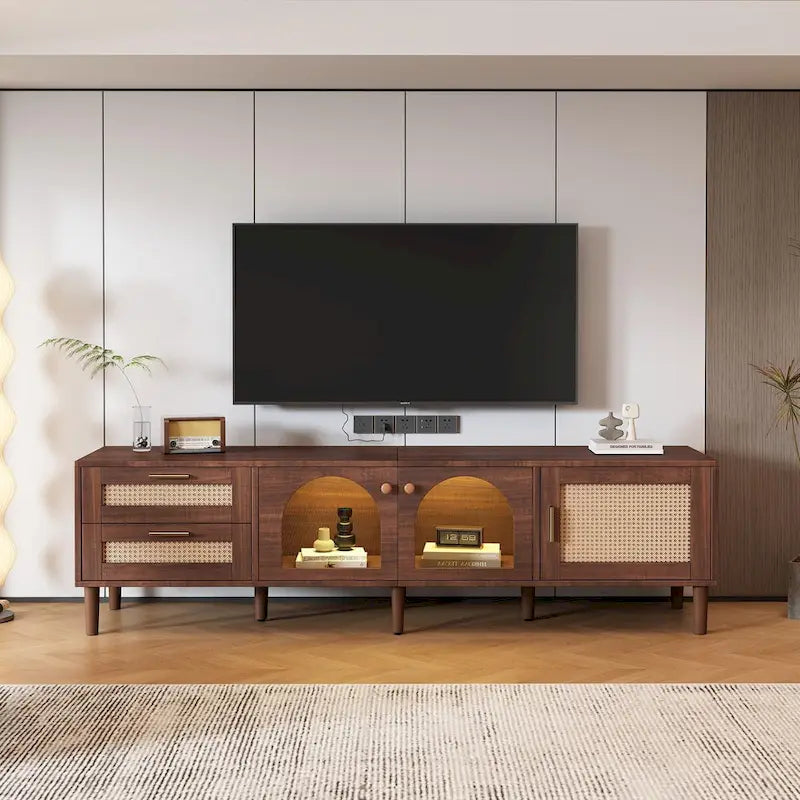 Mobile TV con 3 armadietti e 2 cassetti, mobile console multimediale per TV fino a 80 pollici, centro di intrattenimento con luce LED, mobile TV