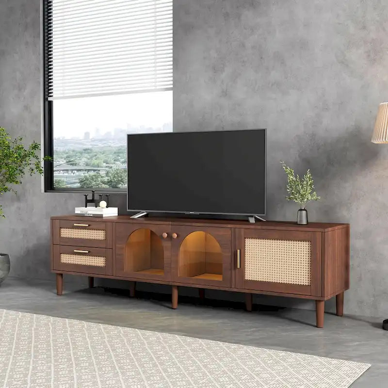 Mobile TV con 3 armadietti e 2 cassetti, mobile console multimediale per TV fino a 80 pollici, centro di intrattenimento con luce LED, mobile TV