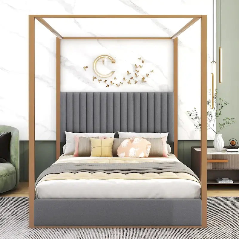 Letto a baldacchino imbottito queen-size con testiera e struttura in metallo