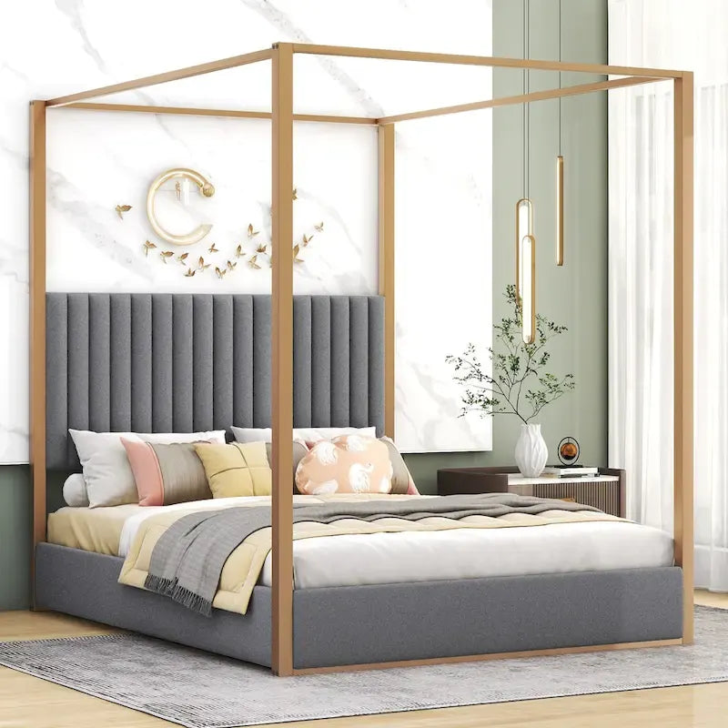 Letto a baldacchino imbottito queen-size con testiera e struttura in metallo