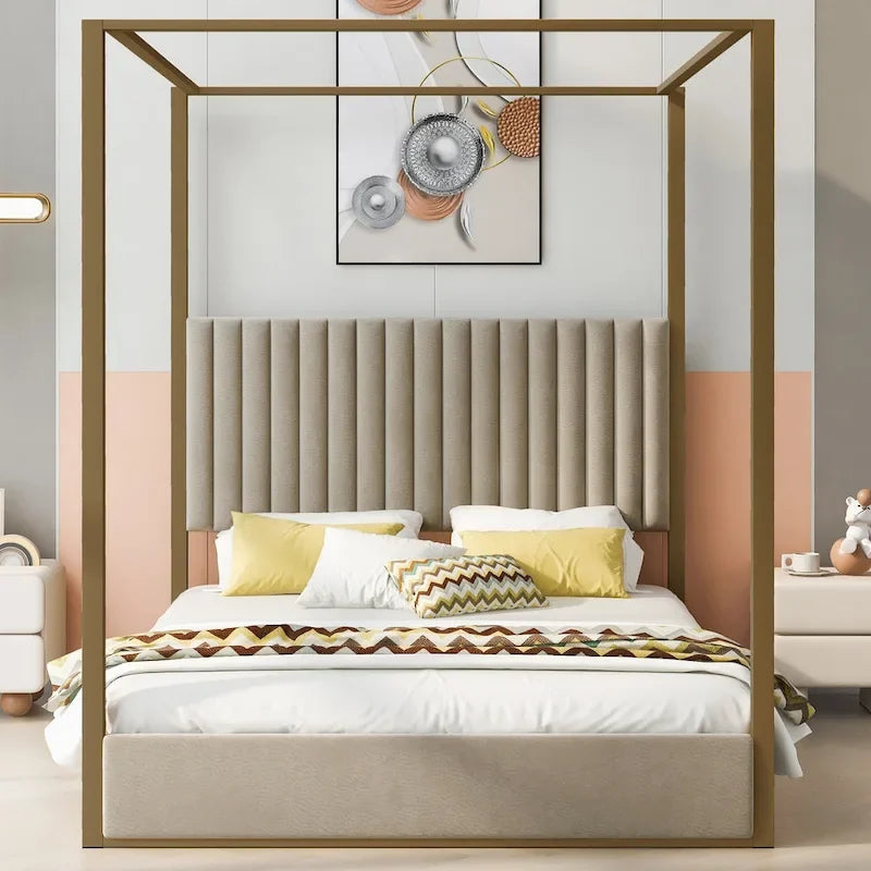 Letto a baldacchino imbottito queen-size con testiera e struttura in metallo
