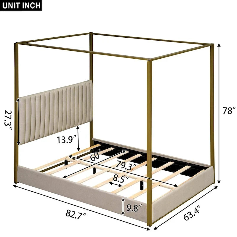 Letto a baldacchino imbottito queen-size con testiera e struttura in metallo