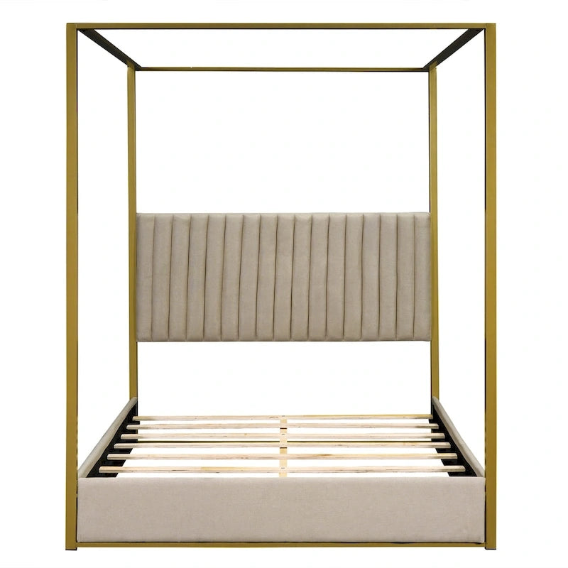 Letto a baldacchino imbottito queen-size con testiera e struttura in metallo