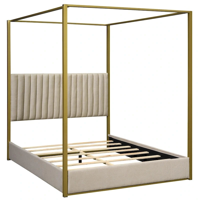 Letto a baldacchino imbottito queen-size con testiera e struttura in metallo