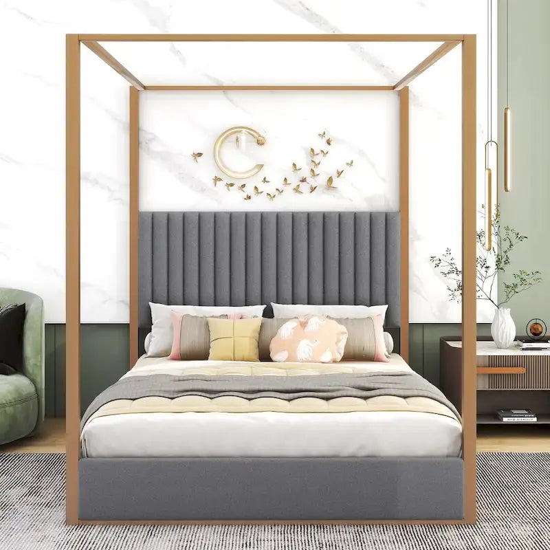 Letto a baldacchino imbottito queen-size con testiera e struttura in metallo