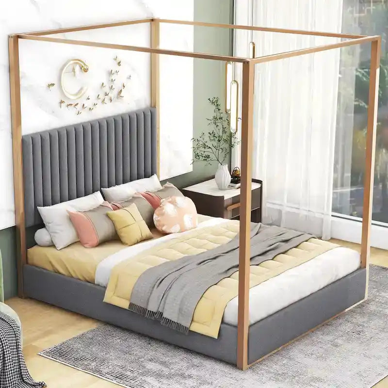 Letto a baldacchino imbottito queen-size con testiera e struttura in metallo