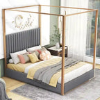 Letto a baldacchino imbottito queen-size con testiera e struttura in metallo
