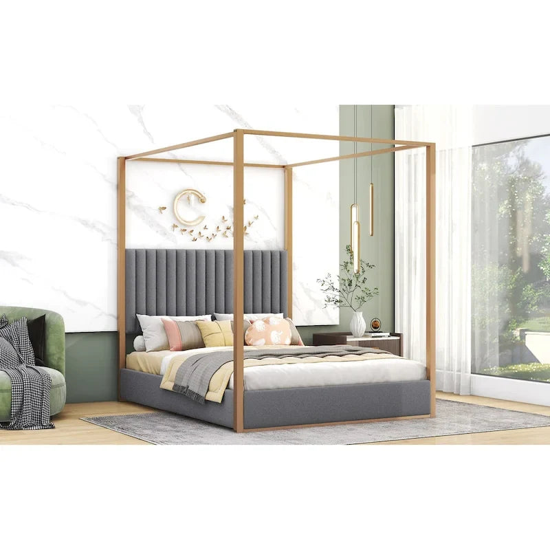 Letto a baldacchino imbottito queen-size con testiera e struttura in metallo