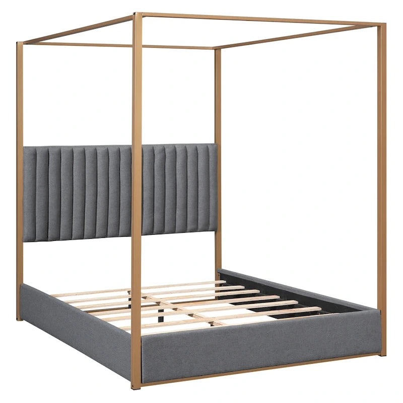 Letto a baldacchino imbottito queen-size con testiera e struttura in metallo
